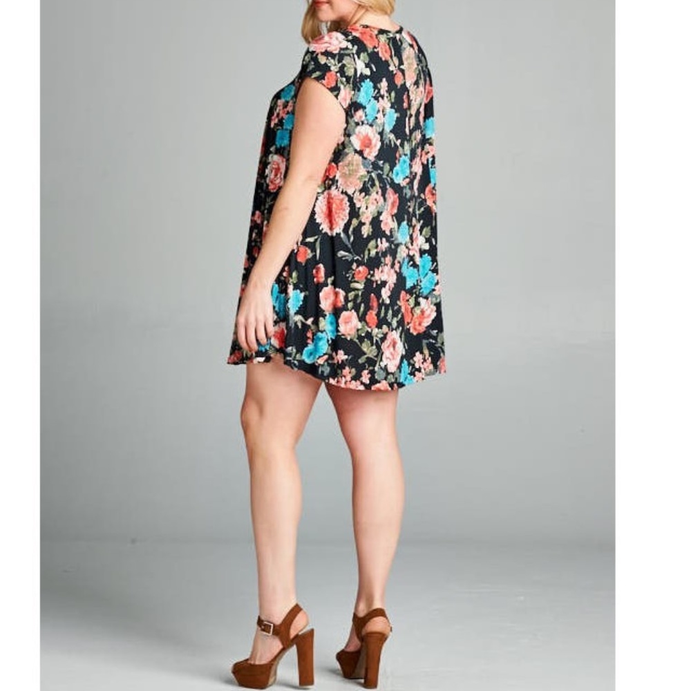 Plus Black Floral Babydoll Swing Tunic Mini Dress - Picture 5 of 6